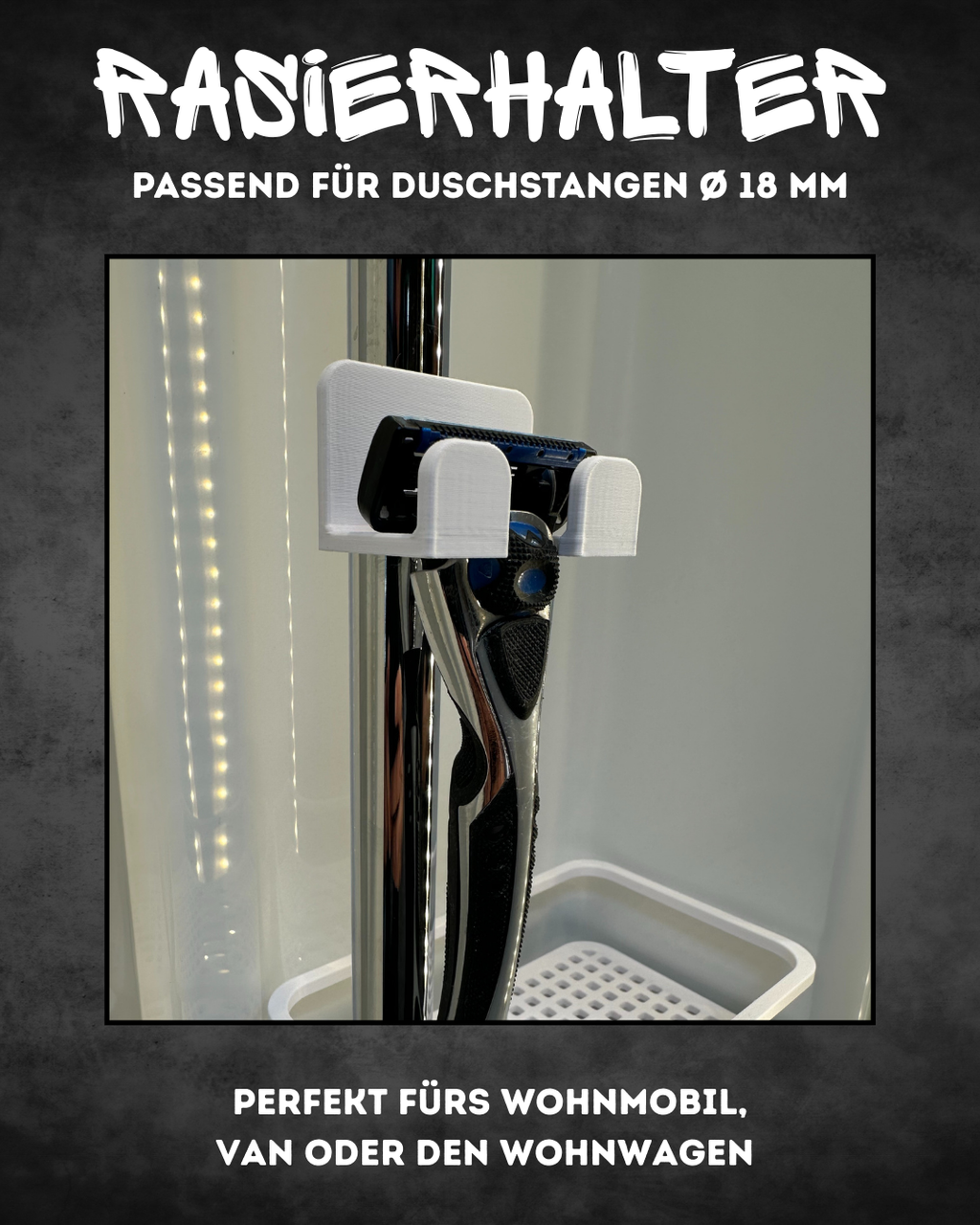 Rasiererhalter für Dusche Ø 18 mm – einfache Klickmontage, ideal für Camper & Wohnmobil