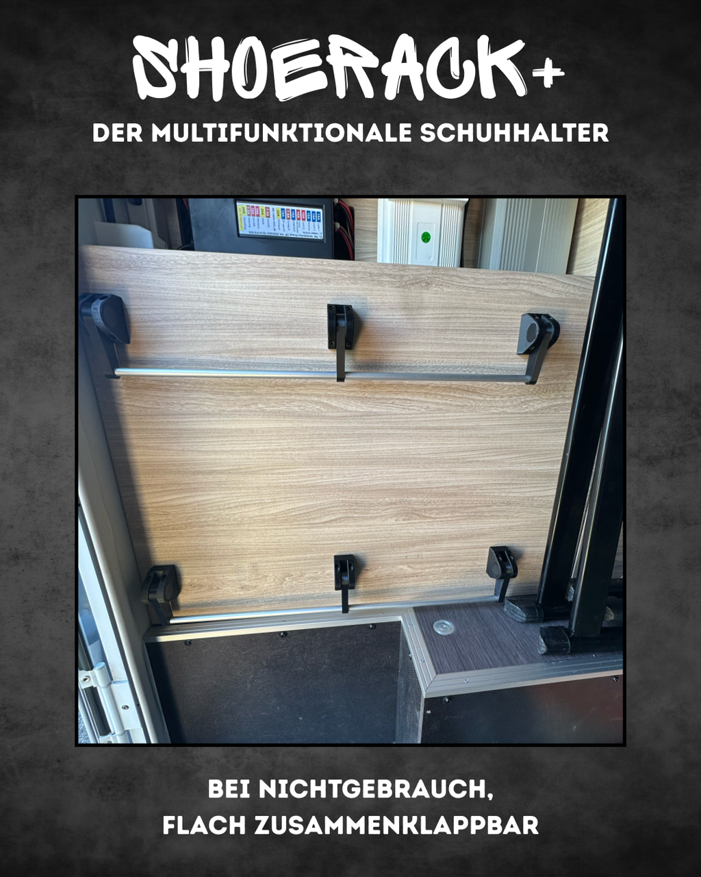 ShoeRack+ | klappbarer, maßgefertigter Schuhhalter für 2 Paar Schuhe, Wohnmobil & Camper