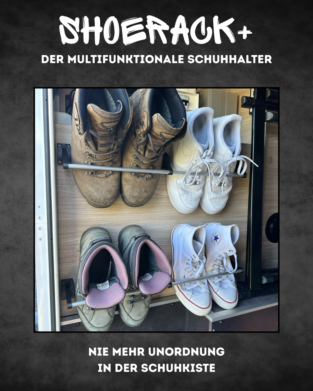 ShoeRack+ | klappbarer, maßgefertigter Schuhhalter für 2 Paar Schuhe, Wohnmobil & Camper